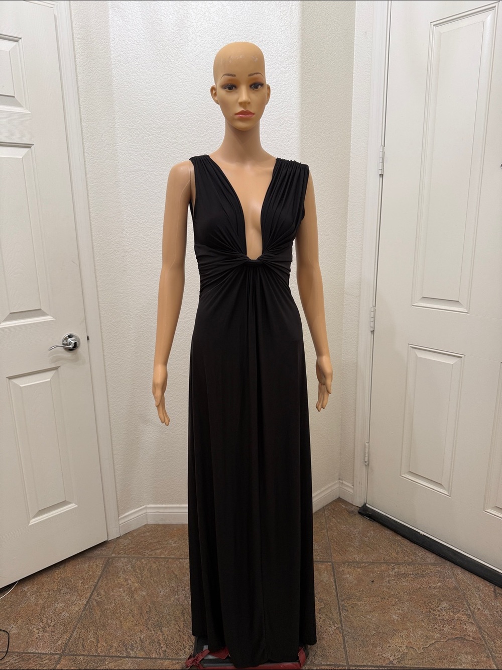 Carina Elegant Black Plunging Maxi Dress Slimming Knotted Waist Stretch Slip On